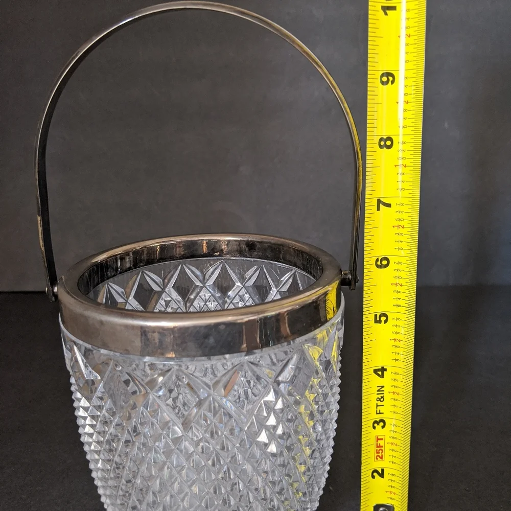 Vintage Cut Glass Diamond Point Crystal Ice Bucket Silver Plate Rim Handle